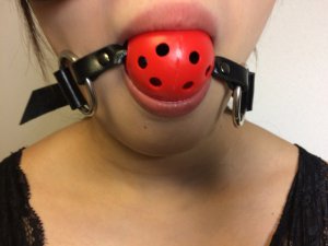 猿ぐつわ(ギャグボール)を加えた女性の画像